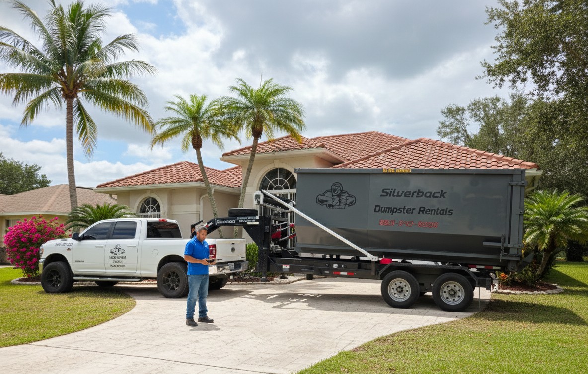 Silverback dumpster delivery in a residential driveway
